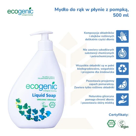 Ecogenic, Mydło do rąk w płynie z pompką, Pomarańcza, 500 ml