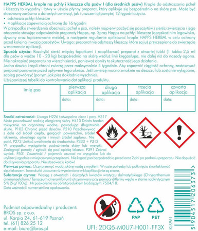 HAPPS Herbal - krople na pchły i kleszcze dla średnich psów 10 - 20kg