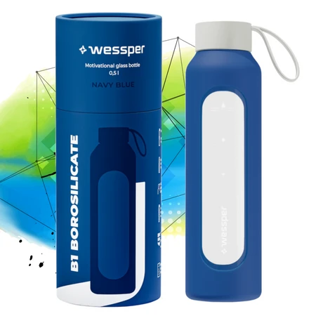 Wessper Butelka na wodę szklana motywacyjna z miarką BOROSILICATE granatowa 500 ml