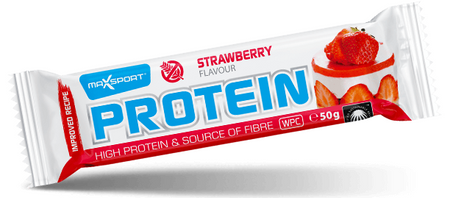 BATON PROTEINOWY O SMAKU TRUSKAWKOWYM W BIAŁEJ POLEWIE BEZGLUTENOWY 50 g - MAXSPORT