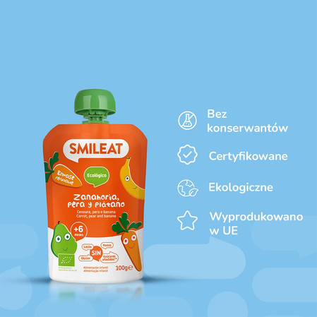 Smileat, BIO Mus z gruszką, bananem i marchewką 6m+, 100 g