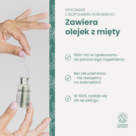 Georganics, Naturalna nić dentystyczna z jedwabiu, w szklanym opakowaniu Zero Waste, do codziennej pielęgnacji, smak mięty pieprzowej, 50 m