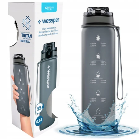 Wessper Butelka na wodę z tritanu motywacyjna z miarką ACTIVEMAX TRILINE z możliwością filtracji szara 500 ml