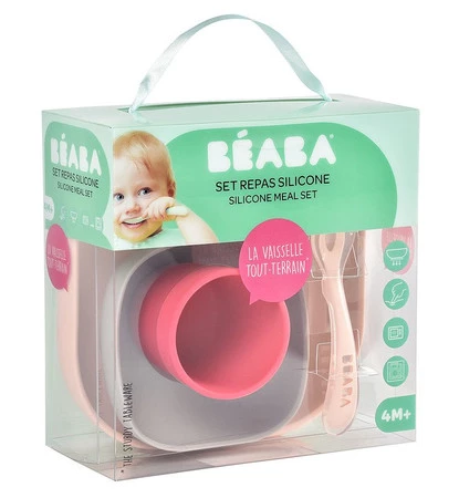 Beaba, Komplet naczyń z silikonu z przyssawką, pink