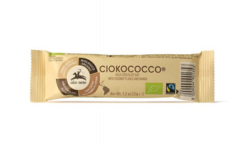 BATON Z NADZIENIEM KOKOS - MANGO - CHRUPKI ZBOŻOWE W POLEWIE Z MLECZNEJ CZEKOLADY FAIR TRADE BIO 33 g - ALCE NERO