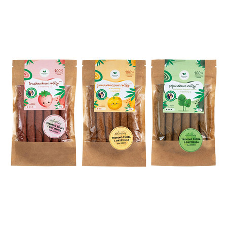 Zestaw mix smaków Naturalnie zdrowi: 1x Truskawkowe rollsy z witaminą D3 50g, 1x Pomarańczowe rollsy z witaminą C i cynkiem 50g i 1x Szpinakowe rollsy z żelazem i witaminą C 50g