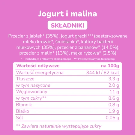 Smileat, BIO Mus z malinami i jogurtem 9m+, 100g