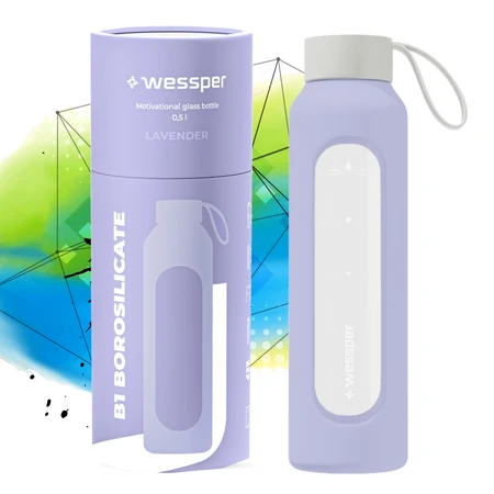 Wessper Butelka na wodę szklana motywacyjna z miarką BOROSILICATE lawendowa 500 ml