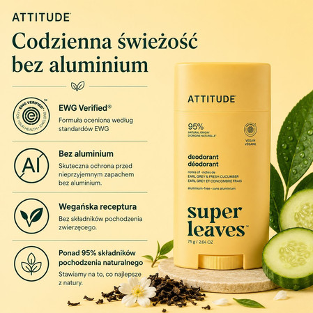 Attitude Super Leaves, Dezodorant w sztyfcie, Earl Grey i świeży ogórek, 75 g