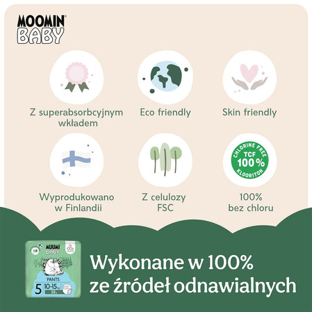 Muumi Baby, Jednorazowe pieluchomajtki ekologiczne dla dzieci, rozmiar 5 (10-15kg), 38 szt.