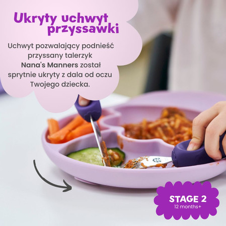 Nana's Manners, ETAP 2, Talerz silikonowy trójdzielny z przyssawką, fioletowy