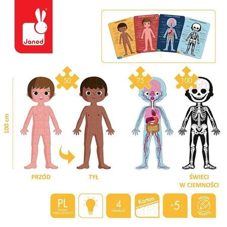 Janod Puzzle edukacyjne gigantyczne Ciało człowieka 50, 75 i 100 elementów 5 +