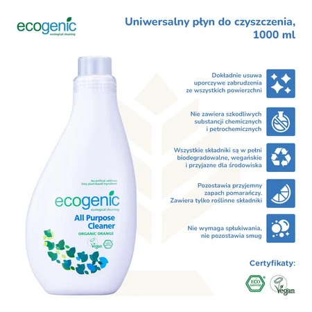 Ecogenic, Uniwersalny płyn do czyszczenia różnych powierzchni, Pomarańcza, 1000 ml
