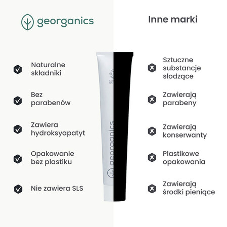 Georganics, Naturalna, remineralizująca pasta do zębów z hydroksyapatytem, fluorem i aktywnym węglem, 75 ml