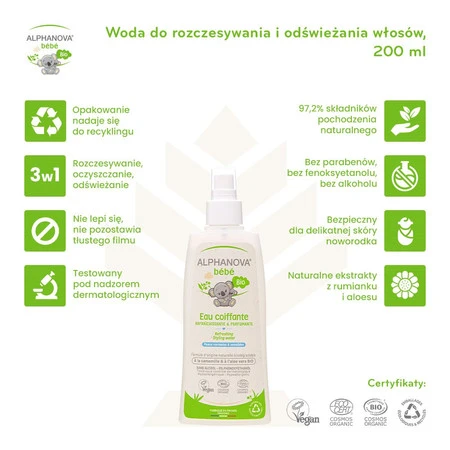 Alphanova Bebe Bio, Woda do rozczesywania i odświeżania włosów dla dzieci, 200 ml