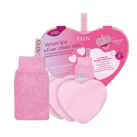Velvet Lips &amp; Ever Clear Skin zestaw rękawica do peelingu ust + wielorazowe płatki kosmetyczne w kształcie serca