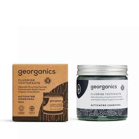 Georganics, Naturalna pasta do zębów w słoiku, do codziennej pielęgnacji, z fluorem i aktywnym węglem, 60 ml