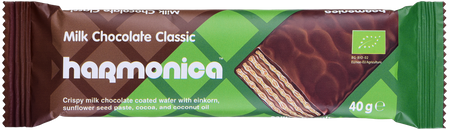 WAFELEK Z KREMEM MLECZNO - KAKAOWYM W POLEWIE Z MLECZNEJ CZEKOLADY BIO 40 g - HARMONICA