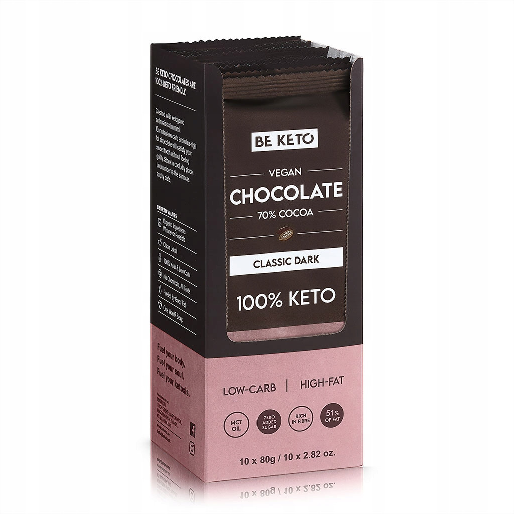 BeKeto Wegańska Keto Czekolada z olejem MCT ciemna klasyczna 80g x10 - Nabea.pl