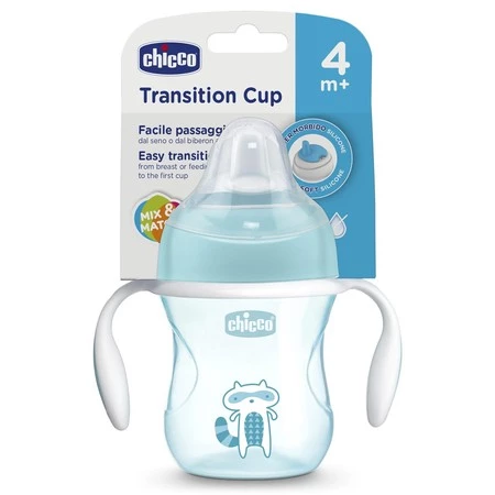 Chicco Pierwszy Kubek Treningowy z Miękkim Ustnikiem Chłopiec 4m+ Kubeczek Chicco z silikonowym ustnikiem 200 ml
