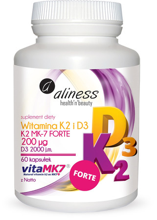 Zestaw 2x Aliness Witamina K2 FORTE MK-7 200 µg z Natto + D3 - 60 kaps.