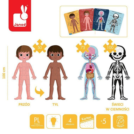 Janod Puzzle edukacyjne gigantyczne Ciało człowieka 50, 75 i 100 elementów 5 +