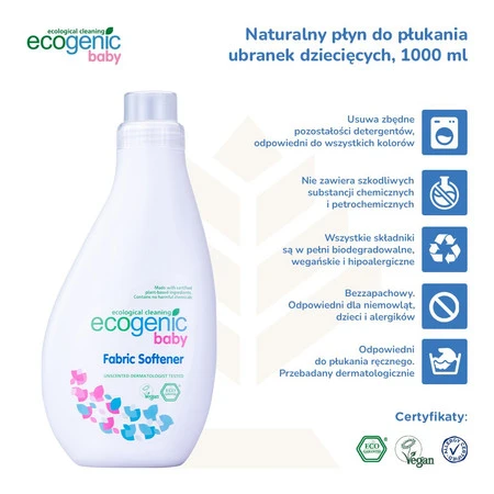 Ecogenic Baby, Hipoalergiczny płyn do zmiękczania ubranek dziecięcych, bezzapachowy, 1000 ml