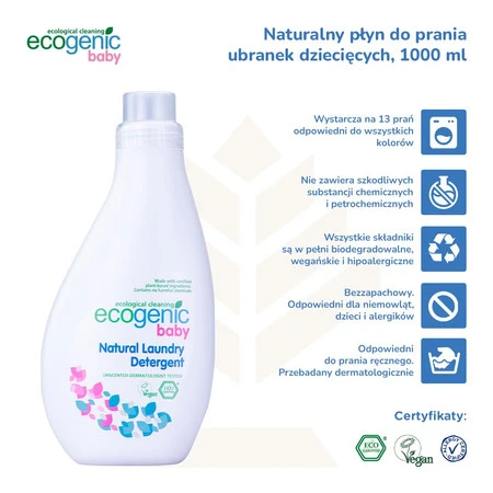 Ecogenic Baby, Hipoalergiczny płyn do prania ubranek dziecięcych, bezzapachowy, 1000 ml