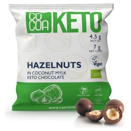 ORZECHY LASKOWE W CZEKOLADZIE KETO Z OLEJEM MCT BEZ DODATKU CUKRU BEZGLUTENOWE BIO 70 g - COCOA