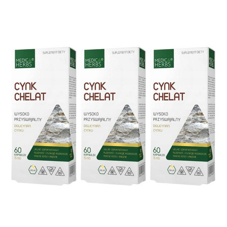 Zestaw: 3x Medica Herbs Cynk Chelat 15mg na wsparcie odporności 60 kaps.