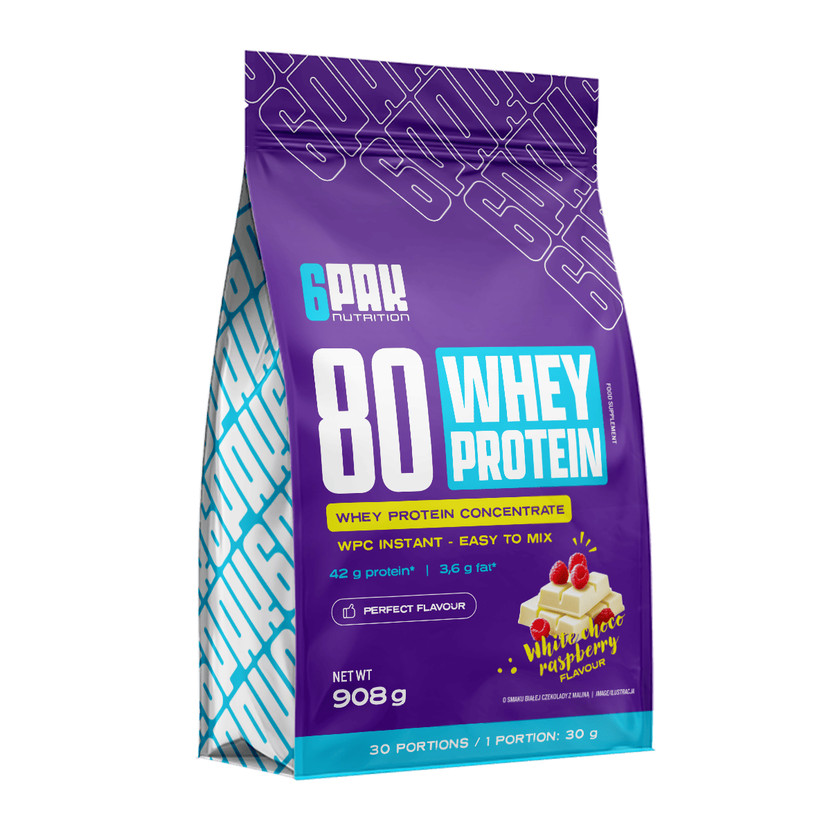 6PAK 80 WHEY PROTEIN odżywka białkowa WPC 908g smak biała czekolada z malinami - Nabea.pl