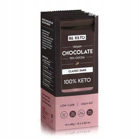 BeKeto Wegańska Keto Czekolada z olejem MCT ciemna klasyczna 80g x10