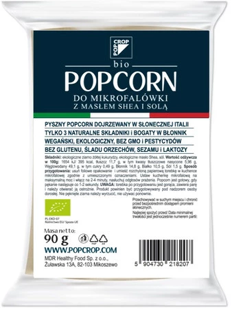 POPCROP POPCORN Z ŻÓŁTEJ KUKURYDZY Z SHEA I SOLĄ DO PRZYGOTOWANIA W MIKROFALÓWCE BEZGLUTENOWY BIO 90 g