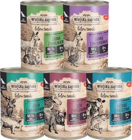 Zestaw 12x Wiejska Zagroda Leśne Smaki Sarna Przepiórka - mokra karma dla psa - 400g