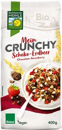 BOHLSENER MUEHLE CRUNCHY CZEKOLADOWE Z TRUSKAWKAMI I CZARNĄ PORZECZKĄ BIO 400 g