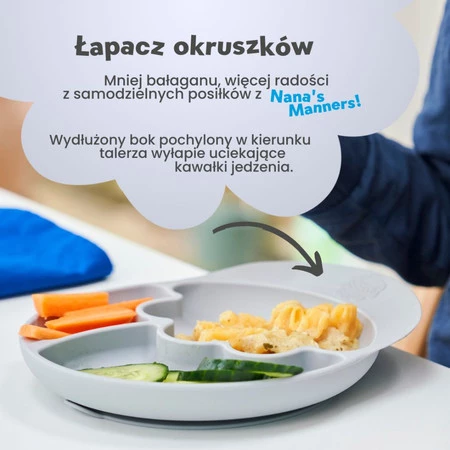 Nana's Manners, ETAP 2, Talerz silikonowy trójdzielny z przyssawką, szary