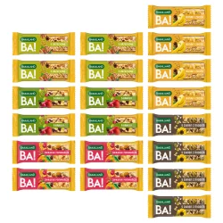 Zestaw mix smaków Bakalland BA! Baton zbożowy: 4szt. 5 bakalii 40g, 4szt. 5 orzechów 40g, 4szt. 5 ziaren z miodem 40g, 4szt. banan 40g, 4szt. żurawina i pomarańcza 40g