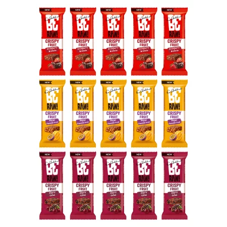 Zestaw mix smaków Be Raw! Baton: 5szt. owocowy wiśnia i kakao bez 40 g bez cukru, 5szt. owocowy Truskawka z Brownie 40g bez cukru, 5szt. owocowy mango i marakuja bez 40 g bez cukru