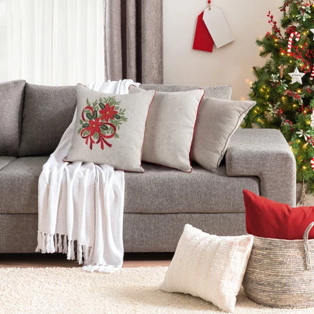 Poszewka świąteczna z haftem i strukturze lnu 45x45 cm - Stroik