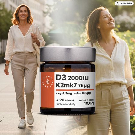 Aura Herbals − Witamina D3 (2000IU) + K2mk7 + cynk + selen − 90 tabl.