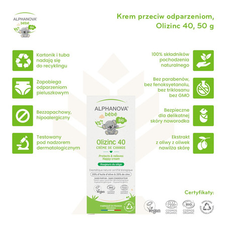 Alphanova Bebe Bio, Krem pod pieluszkę, Olizinc 40, 50 g