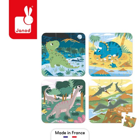 Janod Puzzle progresywne w walizce Dinozaury 4 układanki – 6, 9, 12 i 16 elementów 2+, Made in France (stary indeks: J02657)
