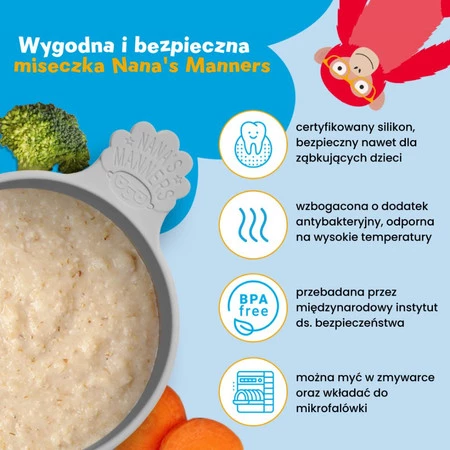 Nana's Manners, ETAP 1, Miska silikonowa z przyssawką i uchwytem, szara