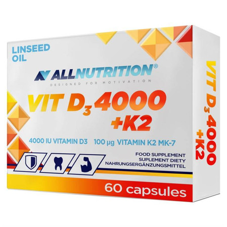 Allnutrition Witamina D3 4000 K2 60 k odporność ALLNUTRITION D3 4000 + K2 to suplement diety zawierający witaminę D3 (cholekalcyferol) i naturalną 