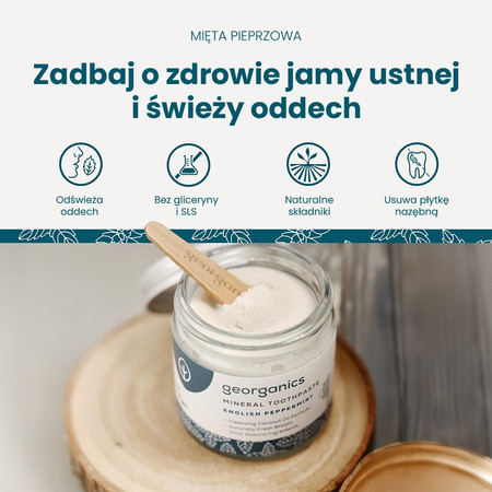 Georganics, Naturalna pasta do zębów w słoiku, z fluorem, do codziennej pielęgnacji, smak mięty pieprzowej, 60 ml