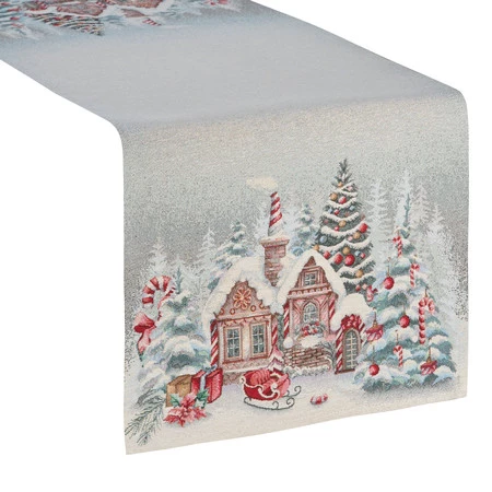 Bieżnik świąteczny gobelinowy 40x100 cm – Chatka Świętego Mikołaja