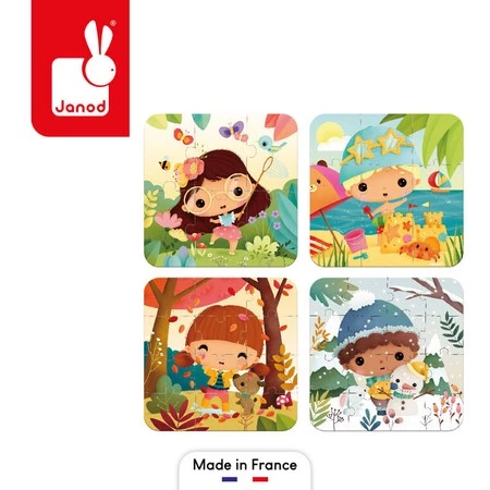 Janod Puzzle progresywne w walizce Pory roku 4 układanki – 6, 9, 12 i 16 elementów 2+, Made in France (stary indeks: J02658)