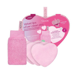 Velvet Lips & Ever Clear Skin zestaw rękawica do peelingu ust + wielorazowe płatki kosmetyczne w kształcie serca