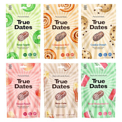 Zestaw smaków 100g True Dates: 1x Sour Apple daktyle, 1x Cinnamon Roll daktyle, 1x Cookie Dough daktyle, 1x Sweet Peach daktyle, 1x Sour Cola daktyle, 1x Watermelon daktyle