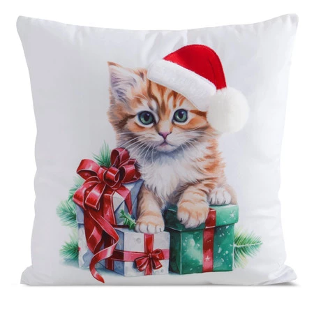 Poszewka świąteczna 45x45 cm – welwetowa ze świątecznym nadrukiem kota